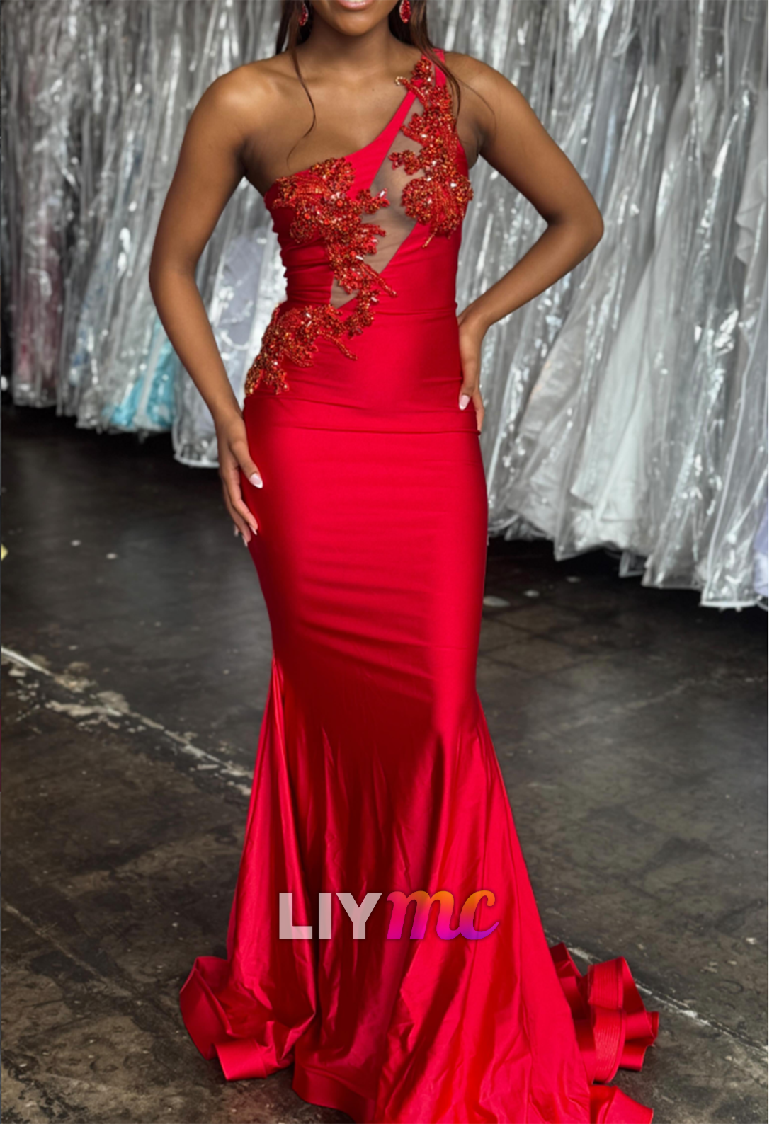 One-Shoulder Beaded Cutout Mermaid Gown