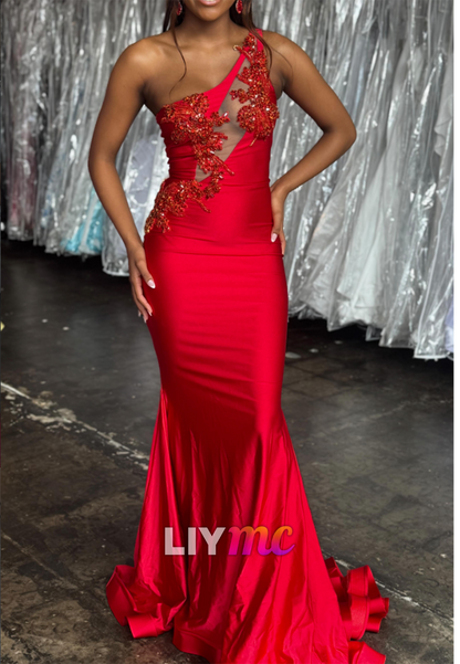 One-Shoulder Beaded Cutout Mermaid Gown