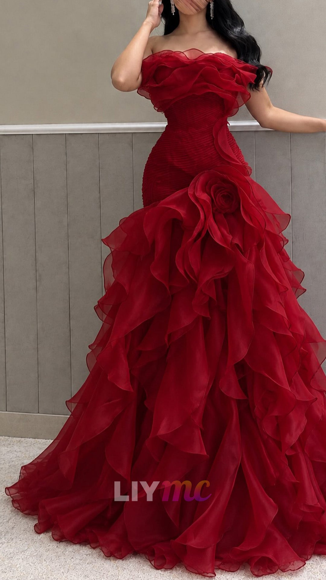 Strapless Cascading Ruffle Mermaid Gown