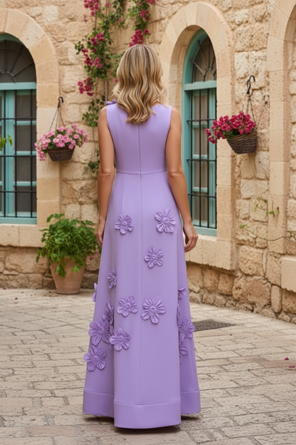 Sleeveless A-Line Maxi Dress with 3D Flowers