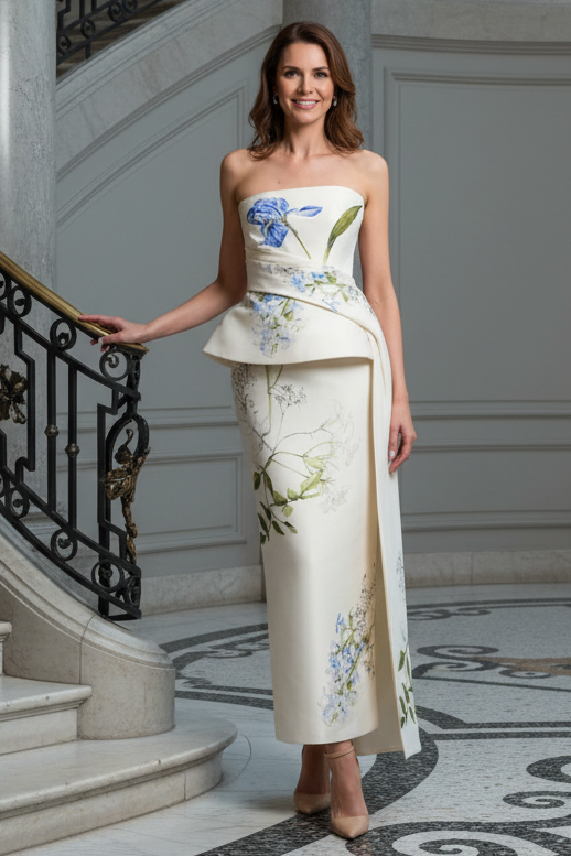 Strapless Floral Print Column Dress with Draped Overskirt