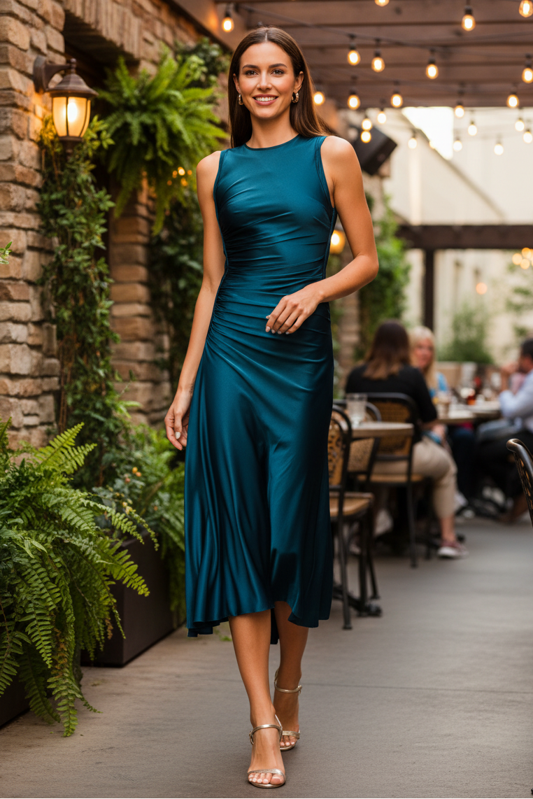 Sleeveless Ruched Asymmetric Midi Dress