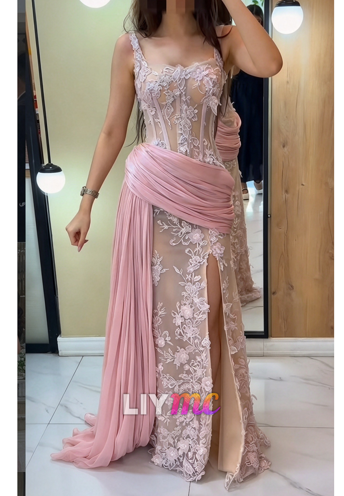 Lace Corset Evening Gown with Draped Sash