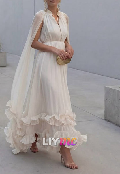 Pleated Empire Chiffon Gown with Cape
