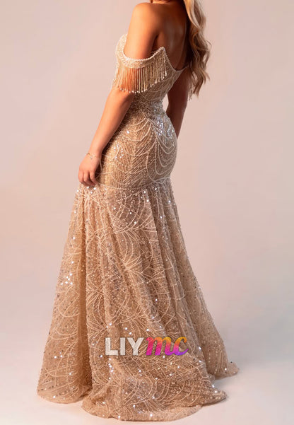 Sequin Mermaid Gown with Off-Shoulder Fringe Straps