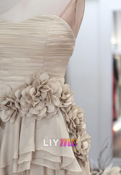 Chiffon Ruched Bodice Floral Waist Ruffled Gown