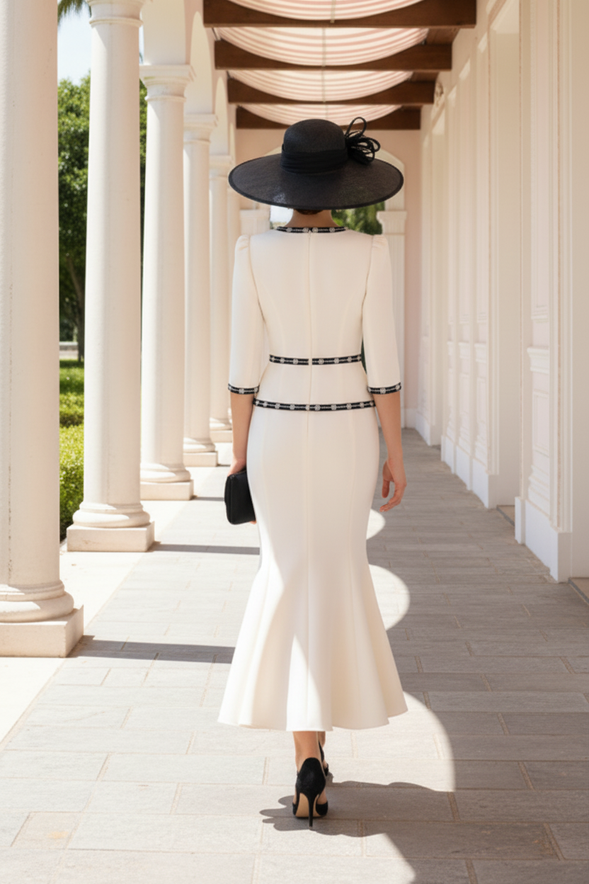 Bow-Accented Peplum Midi Dress with Embellished Trim