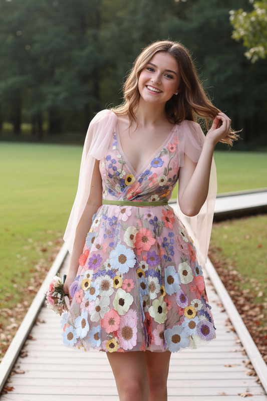 Floral Embroidered V-Neck A-Line Mini Dress