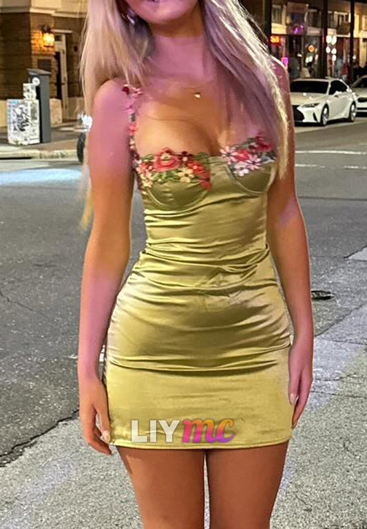 Floral Embroidered Satin Corset Mini Dress