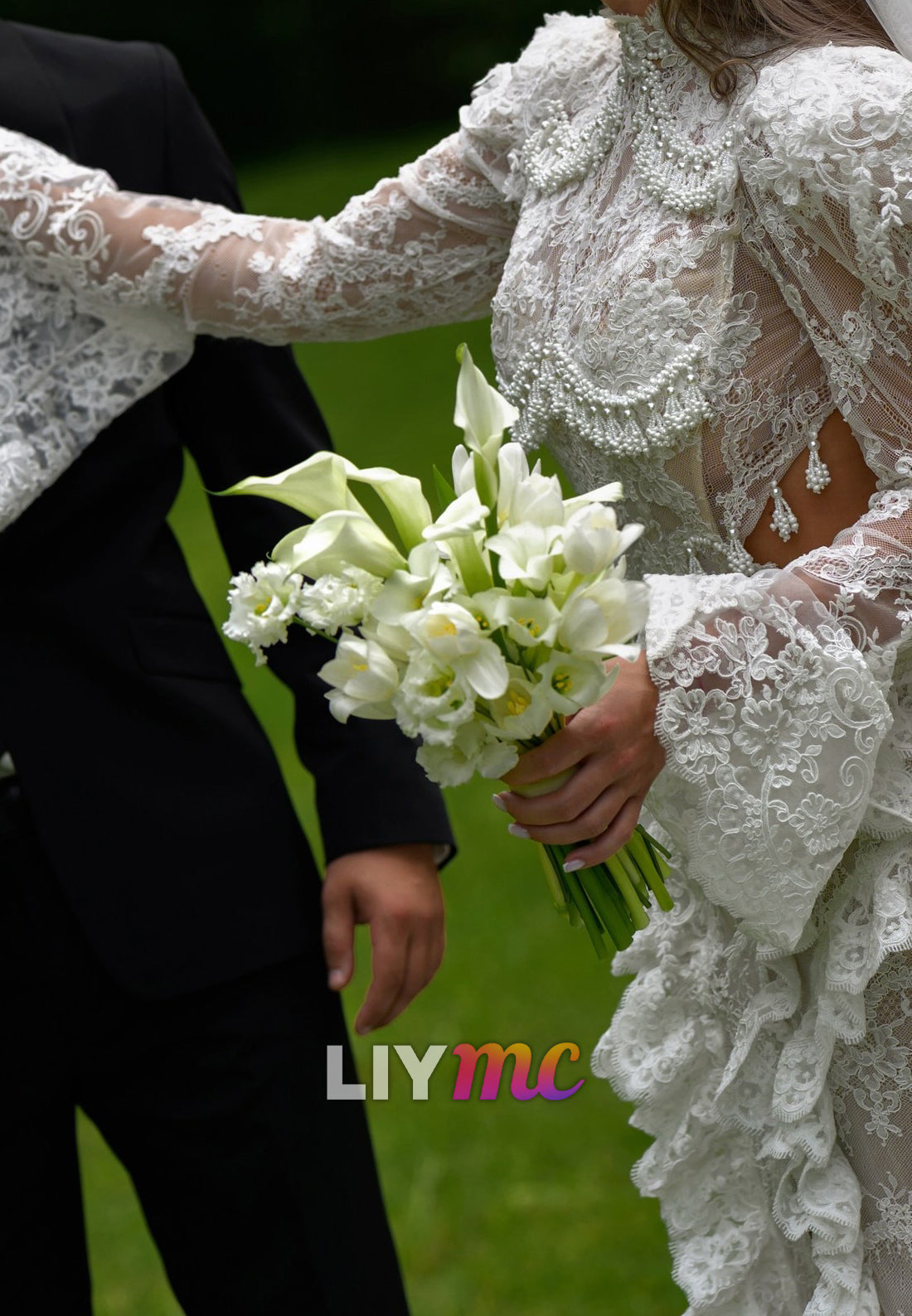 Lace High Neck Bell Sleeve Wedding Dress