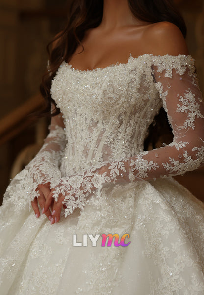 Off-The-Shoulder Lace Ball Gown Wedding Dress