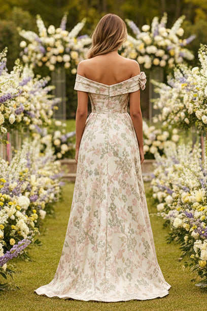 Off-the-Shoulder Floral Jacquard Evening Gown