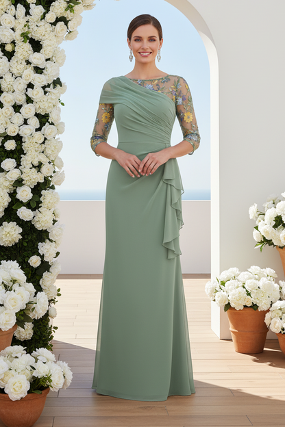 Asymmetrical Ruched Chiffon Gown with Embroidered Sleeves