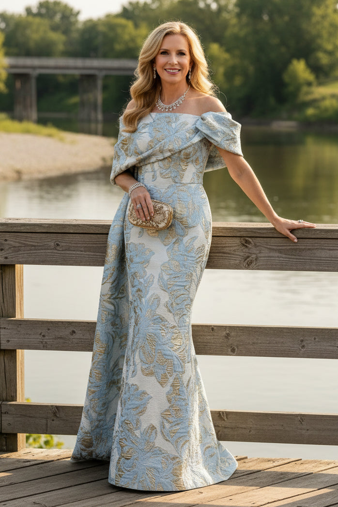 Off-the-Shoulder Jacquard Column Evening Gown