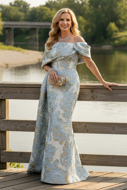 Off-the-Shoulder Jacquard Column Evening Gown
