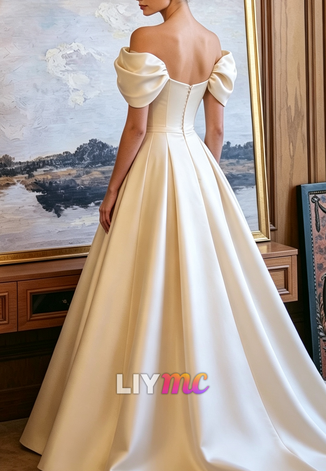 Off-Shoulder Satin A-Line Wedding Gown with Floral Bodice