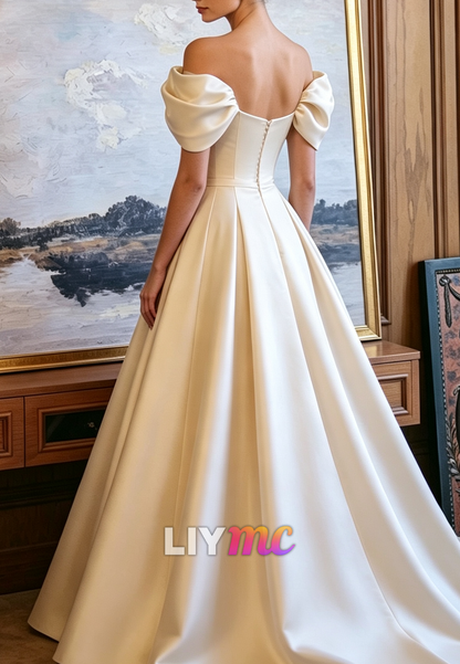 Off-Shoulder Satin A-Line Wedding Gown with Floral Bodice