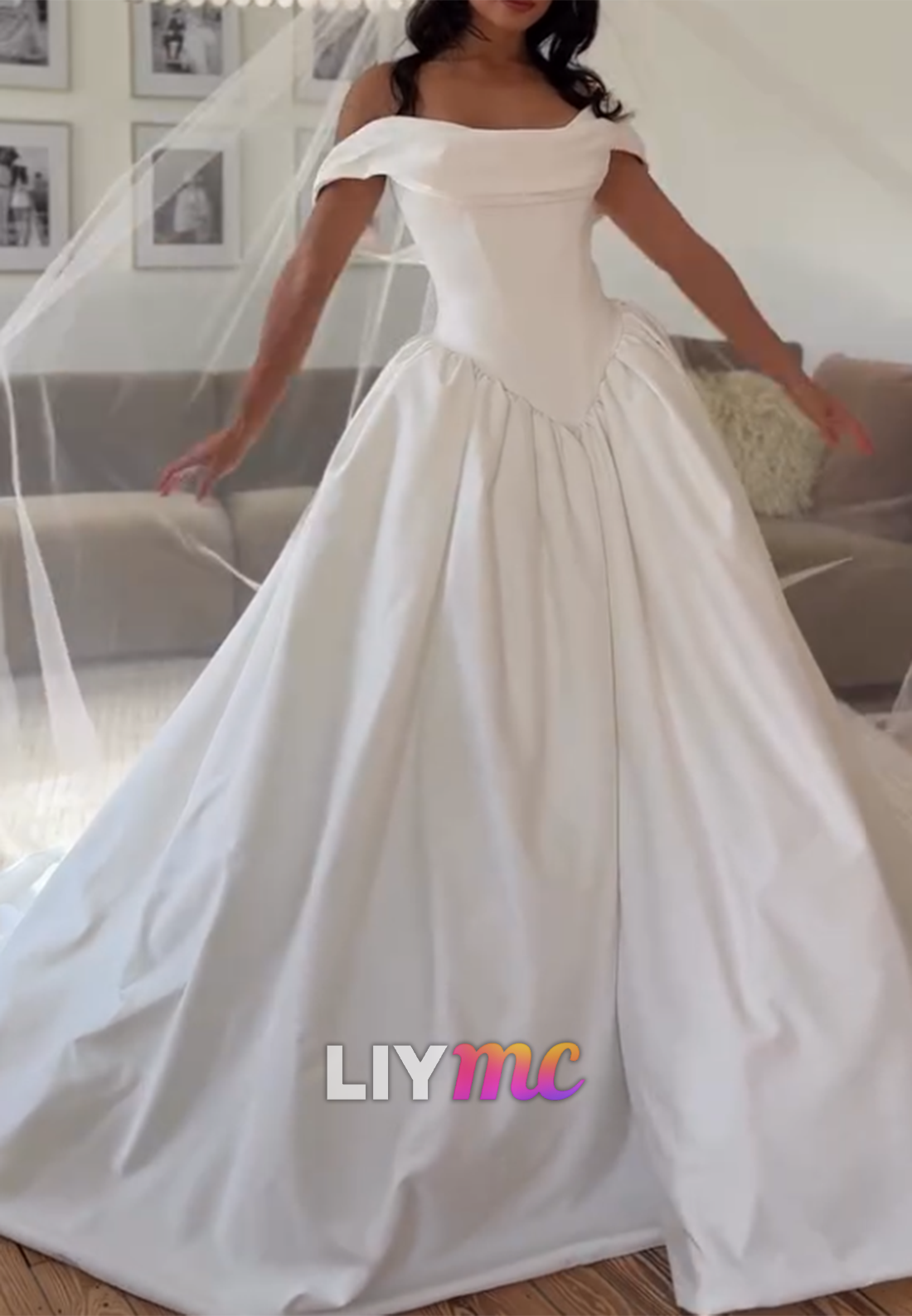 Off-the-Shoulder Basque Waist Satin Ball Gown Wedding Dress