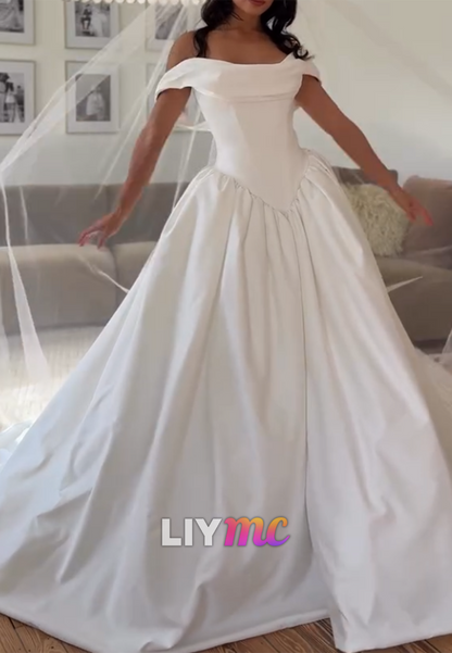 Off-the-Shoulder Basque Waist Satin Ball Gown Wedding Dress