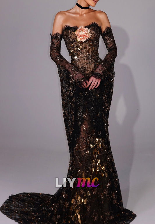Lace Evening Gown with 3D Flower and Metallic Sequins