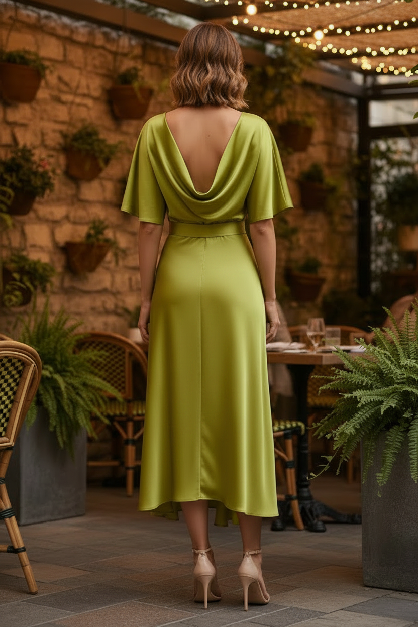 Satin V-Neck Asymmetric Draped Midi Dress