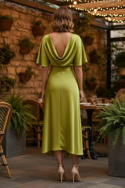 Satin V-Neck Asymmetric Draped Midi Dress