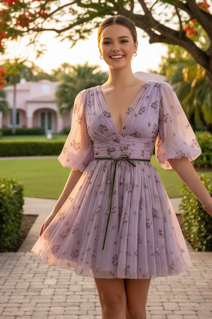 Floral Print Tulle A-Line Mini Dress with Puff Sleeves