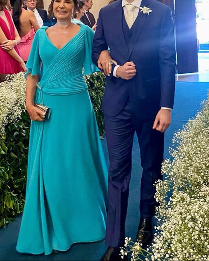 Ruched V-Neck Evening Gown with Flutter Sleeves