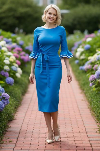 Belted Midi Sheath Dress with Striped Bell Sleeves