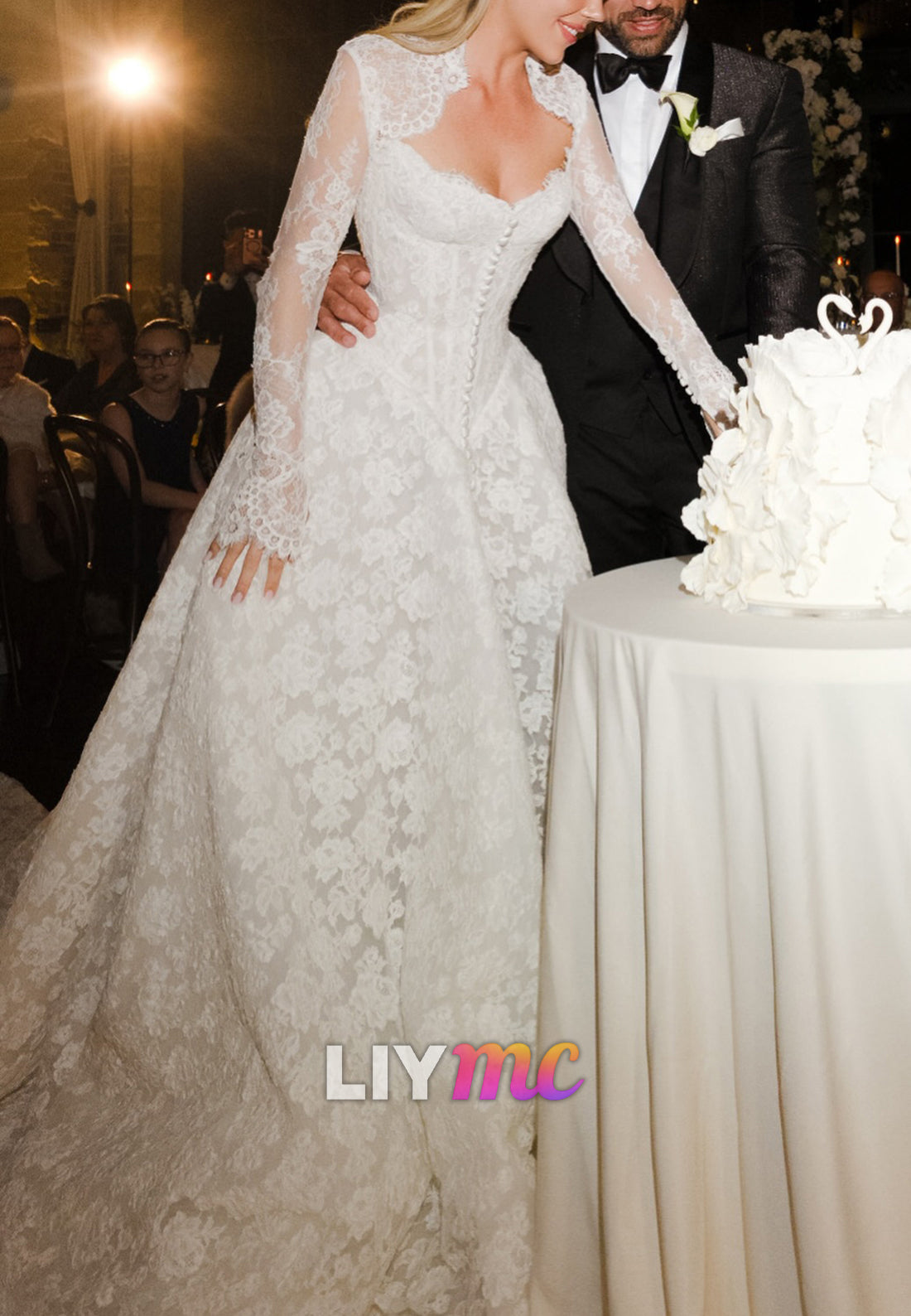 Long Sleeve Lace Ball Gown with Corset Back & Train