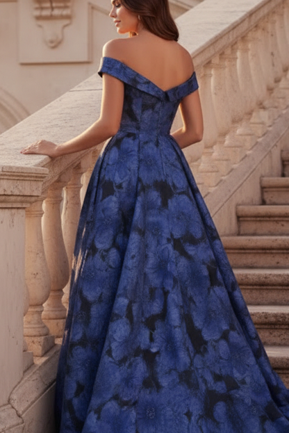 Off-the-Shoulder Floral Jacquard A-Line Gown