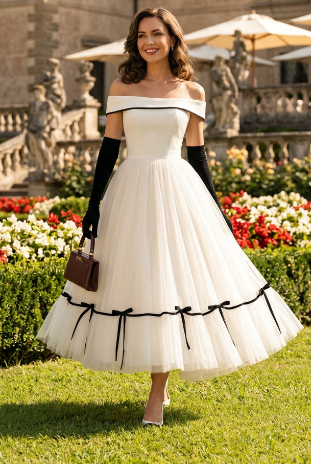 Off-the-Shoulder Tulle Tea-Length Dress with Bows