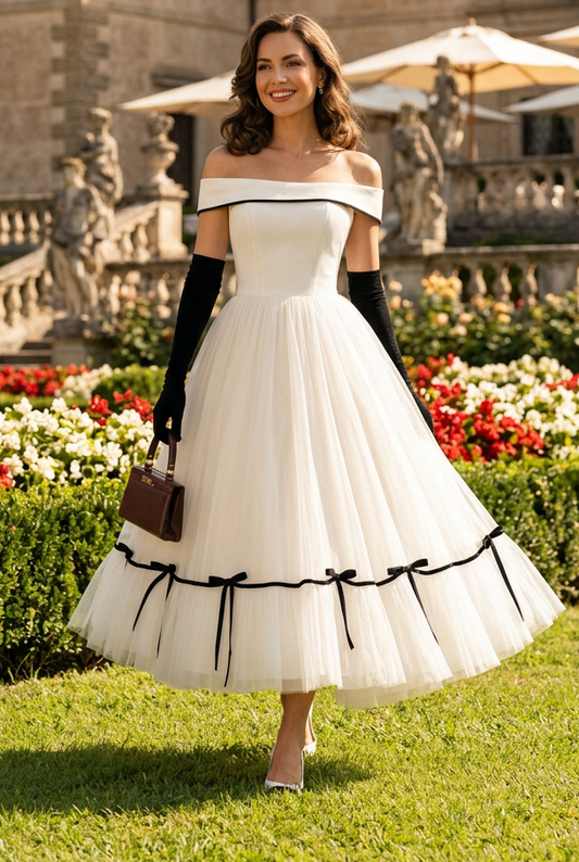 Off-the-Shoulder Tulle Tea-Length Dress with Bows
