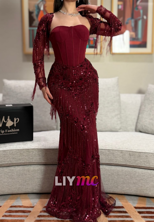 Corset Evening Gown with Beaded Fringe & Shrug