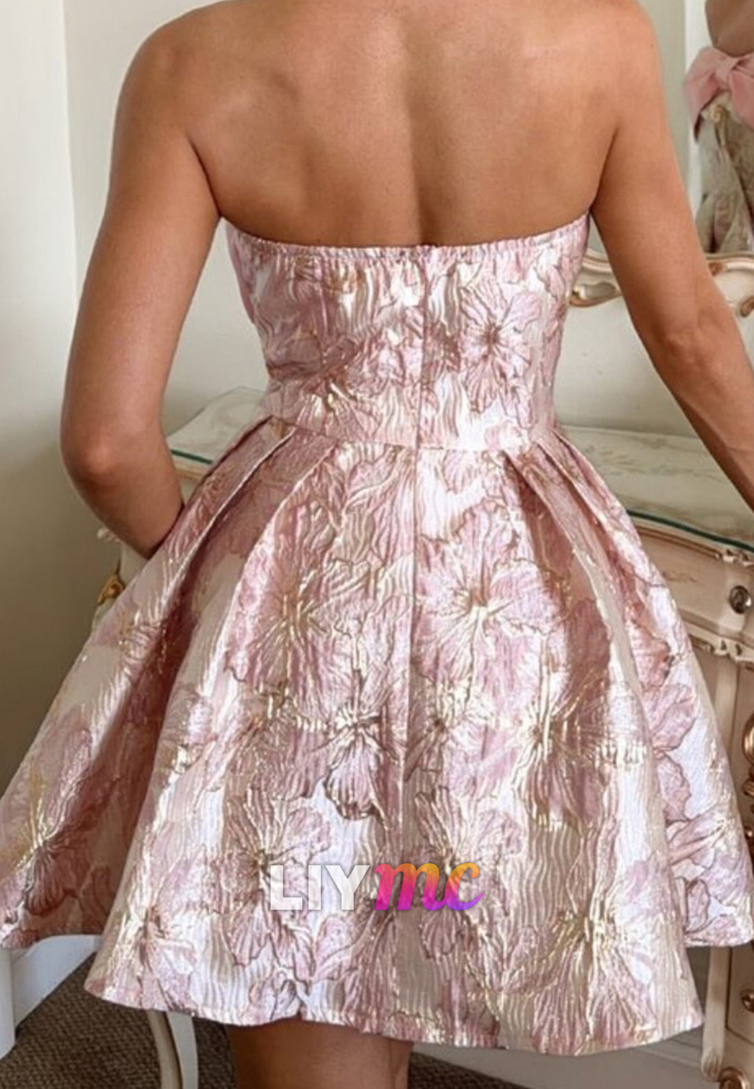 Strapless Jacquard Mini Dress with Bow Bodice