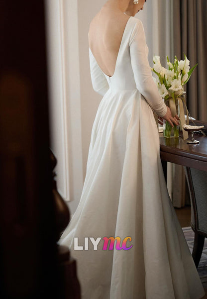 Minimalist Long Sleeve Open Back Satin Wedding Dress