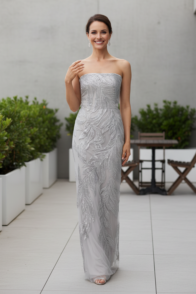 Strapless Embroidered Column Evening Gown