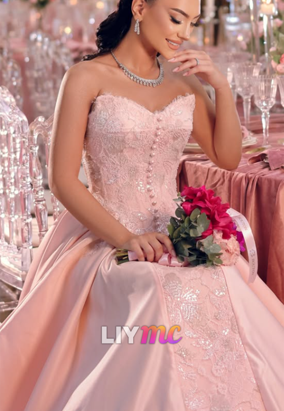 Strapless Lace Inset Ball Gown Formal Dress