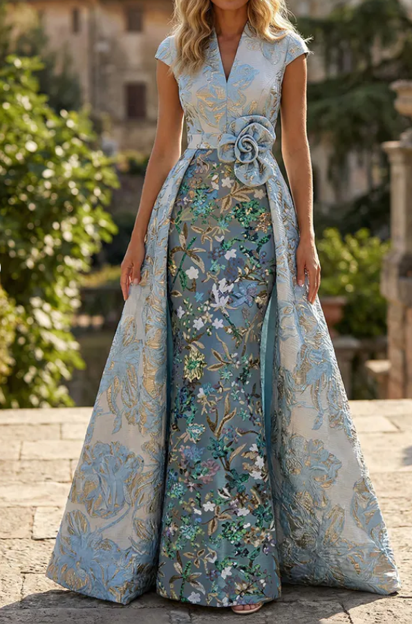 Jacquard Column Gown with Detachable Overskirt