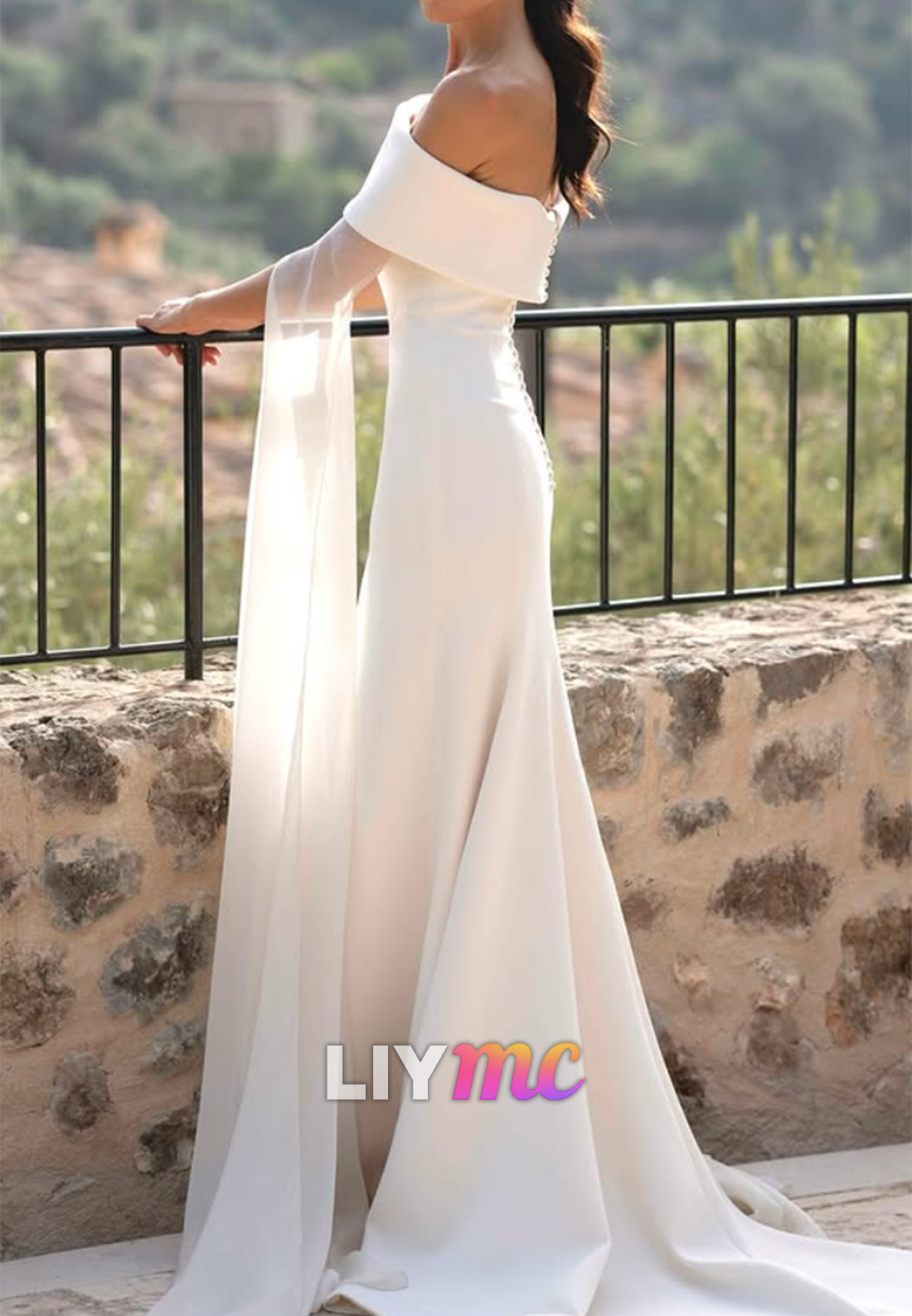Off-the-Shoulder Sheath Wedding Dress with Cape Sleeves