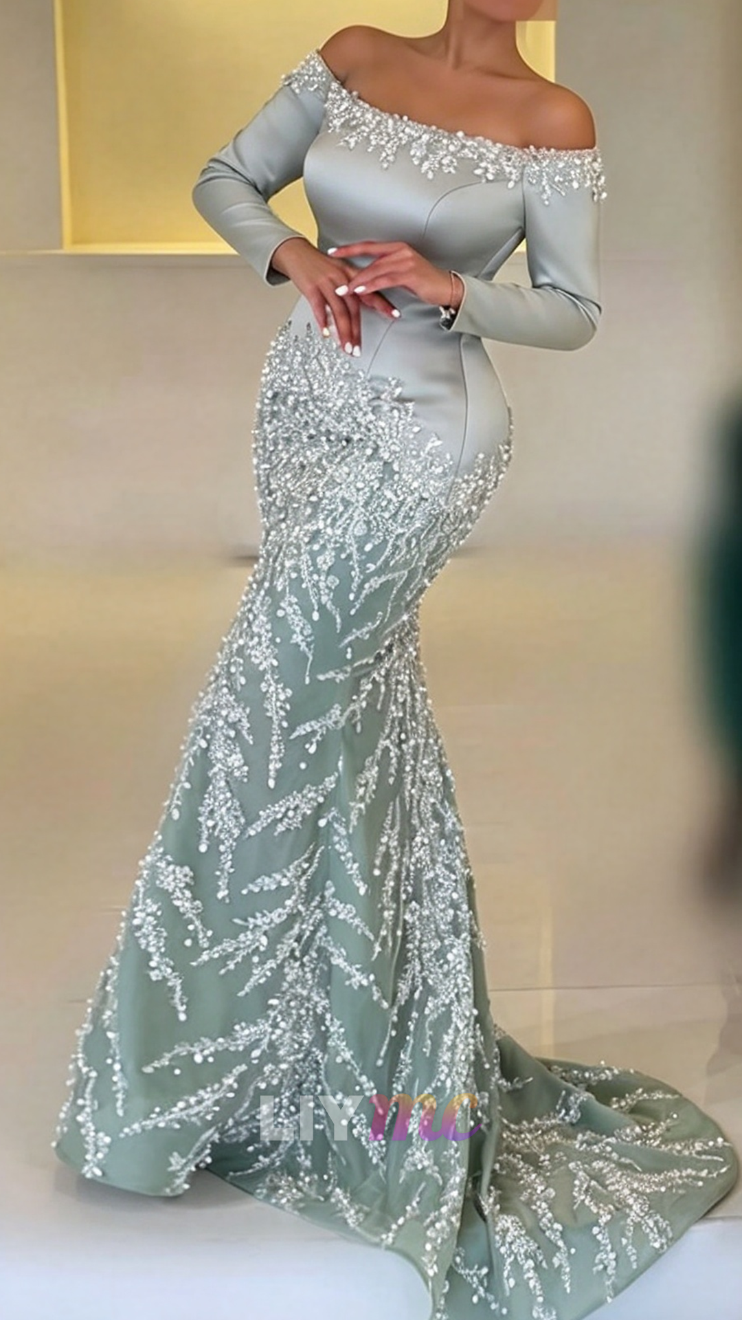 Beaded Off-the-Shoulder Long Sleeve Mermaid Gown