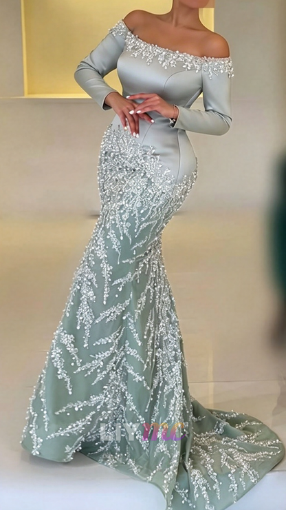 Beaded Off-the-Shoulder Long Sleeve Mermaid Gown