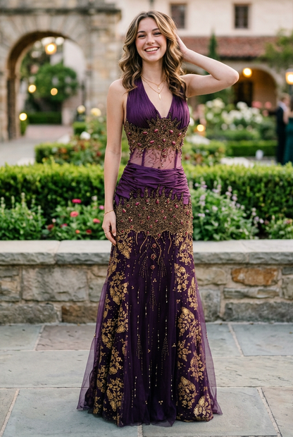Halter Beaded Gown with Sheer Midriff & Brocade