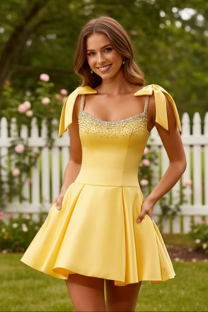 Beaded Satin A-Line Homecoming Dress with Shoulder Bows