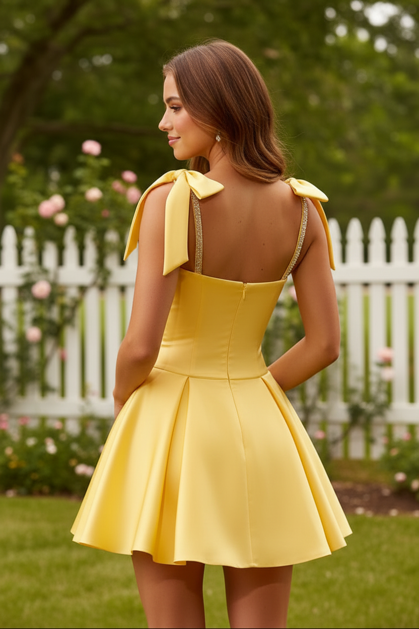 Beaded Satin A-Line Homecoming Dress with Shoulder Bows