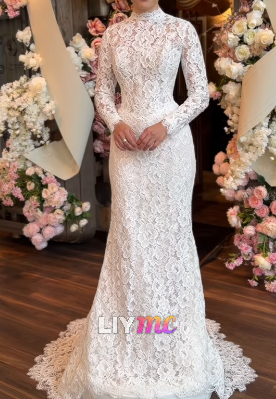 High Neck Long Sleeve Lace Mermaid Wedding Dress