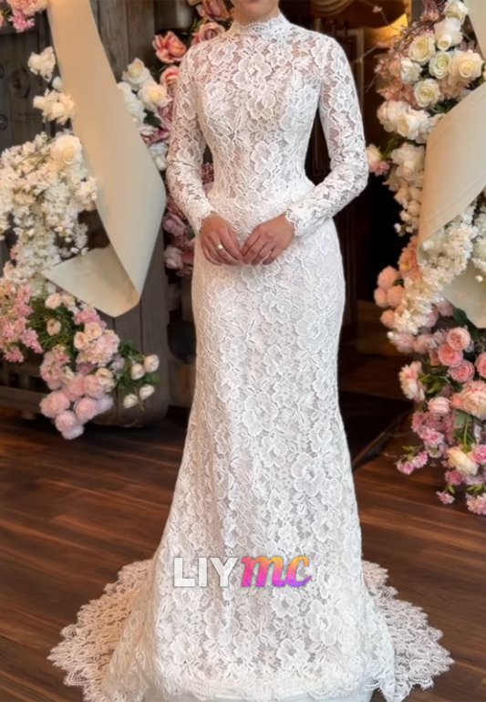 High Neck Long Sleeve Lace Mermaid Wedding Dress