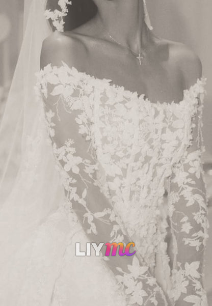 Floral Lace Off-Shoulder Ball Gown Wedding Dress