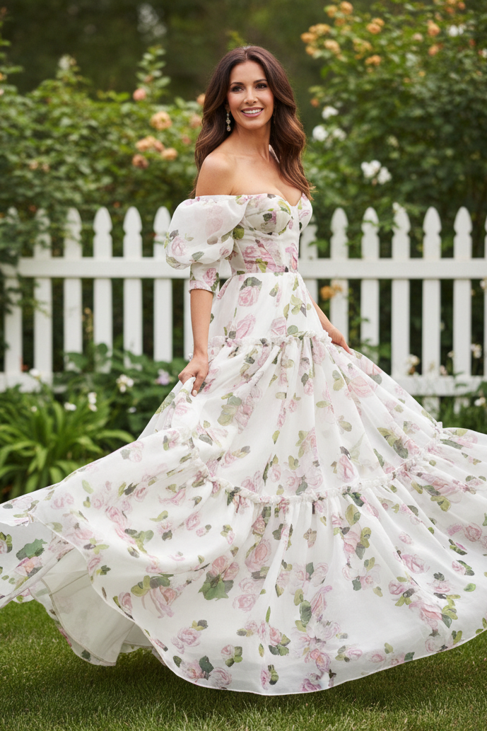 Off-The-Shoulder Floral Organza Tiered Gown