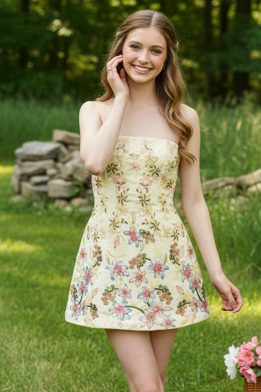 Strapless Embroidered Floral Beaded Mini Dress